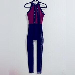 Weissman Red and Black Dance Costume unitard onesie jumpsuit cat suit